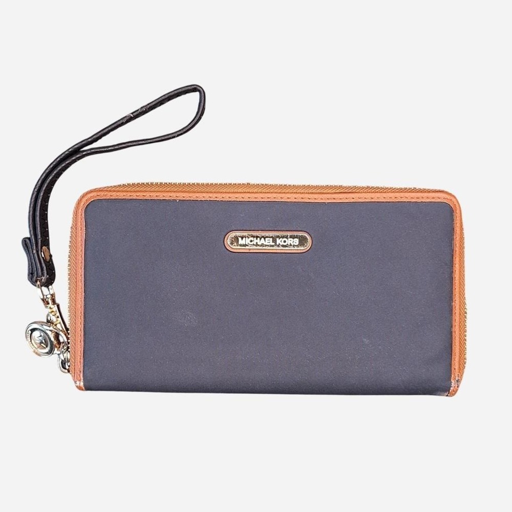 Michael Kors blue and‎ brown leather trim wallet